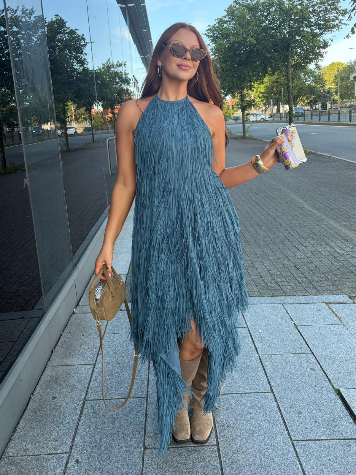 zara fringe halter dress Blue Backless 395PC Seraphina Maxi Dress - Size:LC