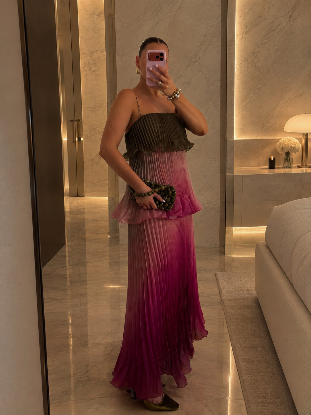 Pleated Slub Organdie Peplum Woven Maxi Dress Ombre Green & Pink | Karen Millen