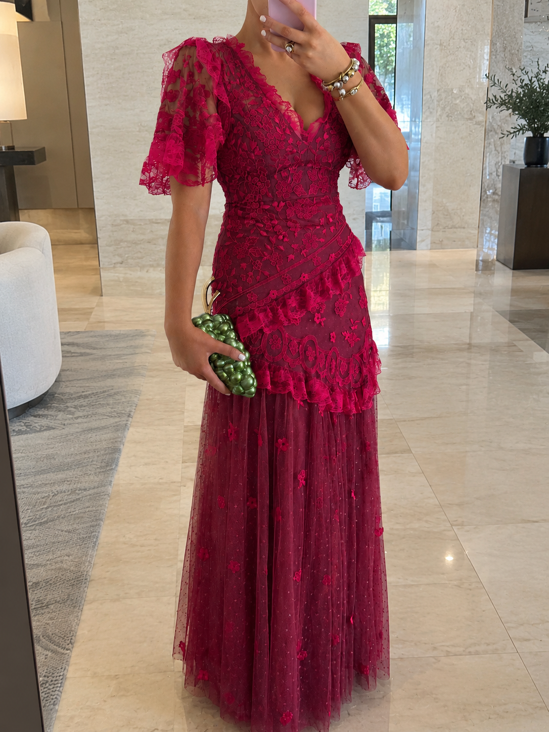 Embroidered V-Neck Gown | Raspberry Red | Needle & Thread