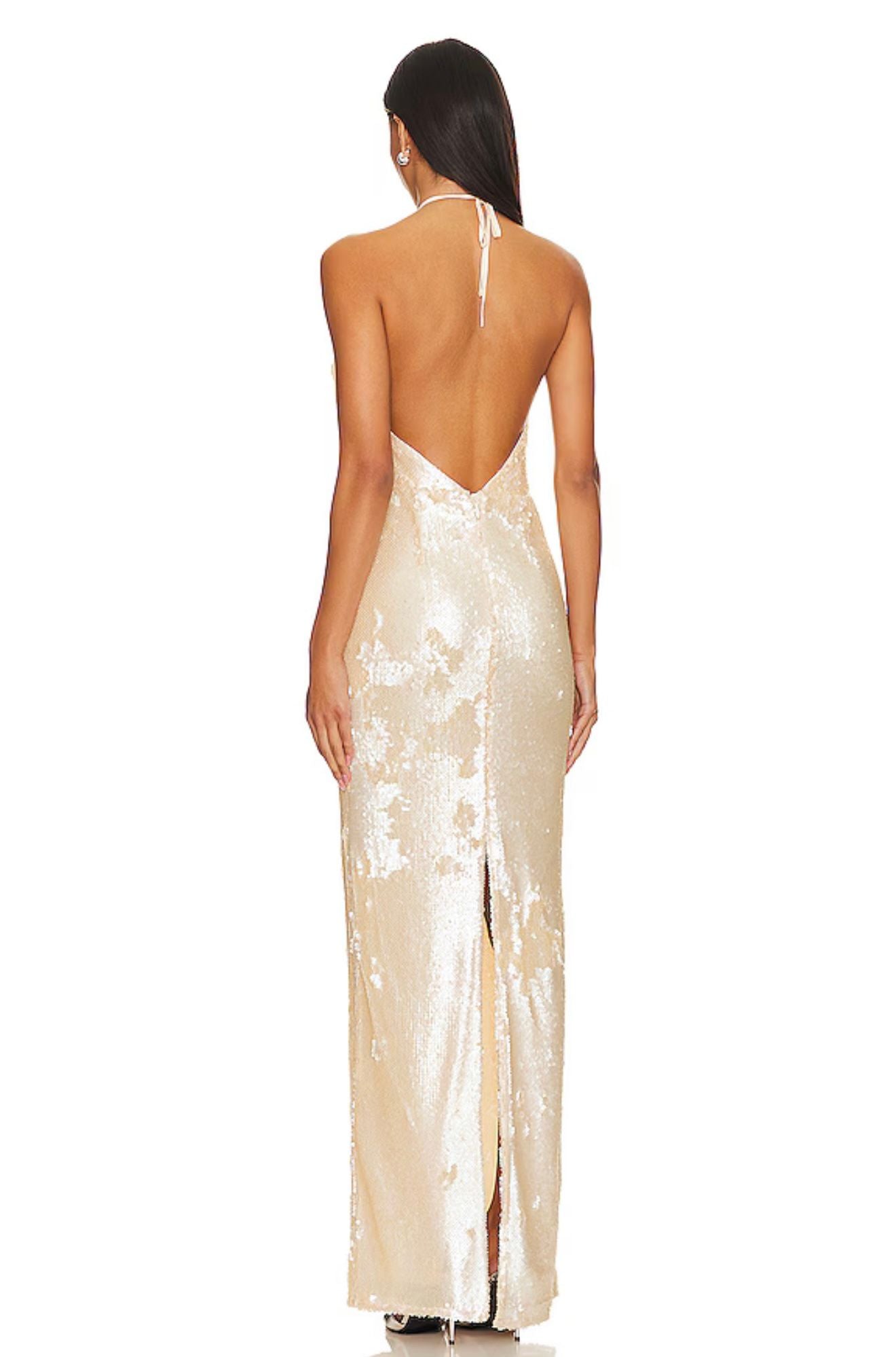 Champagne Backless Flower Halter Neck Backless Maxi Dress | Lovers & Friends x Rachel Lilium Gown
