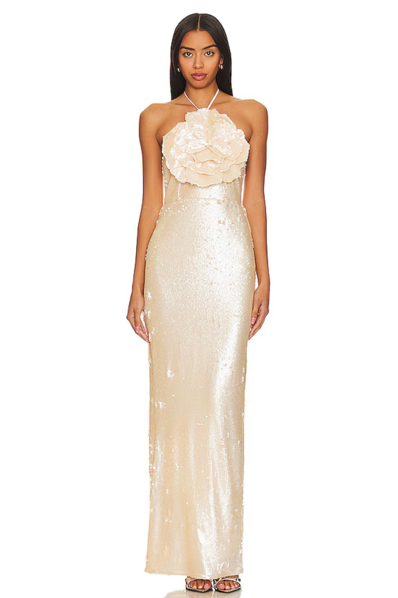 Champagne Backless Flower Halter Neck Backless Maxi Dress | Lovers & Friends x Rachel Lilium Gown