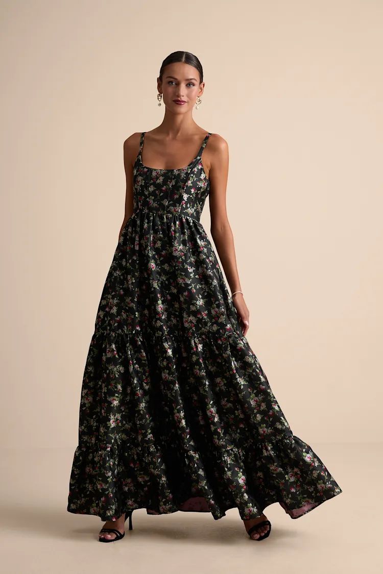 Corset Tier Floral Black Dress | Lulus