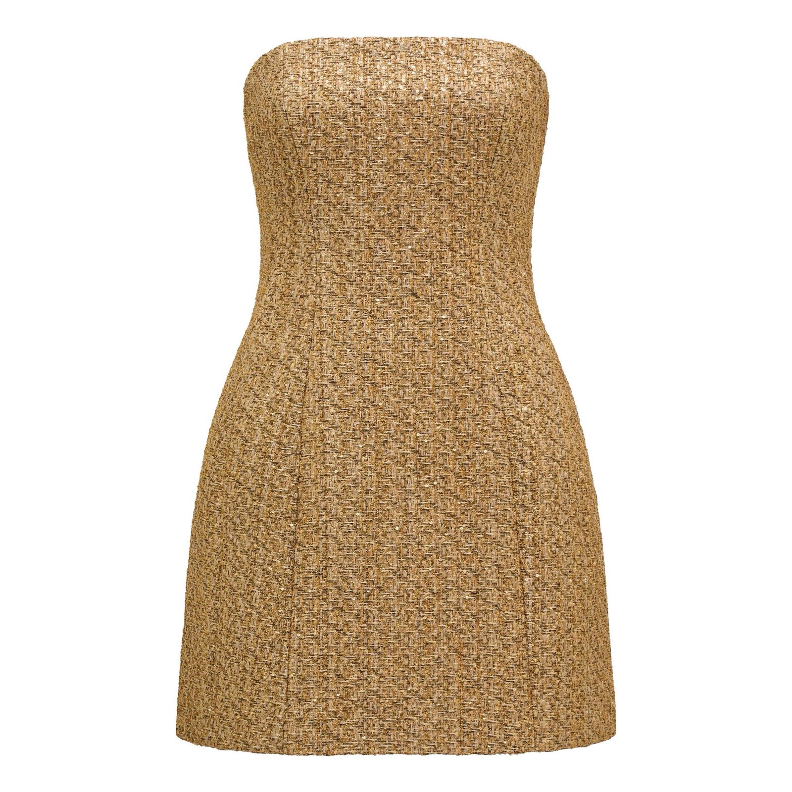 Gold Boucle Tweed Off The Shoulder Mini Dress | Forever New