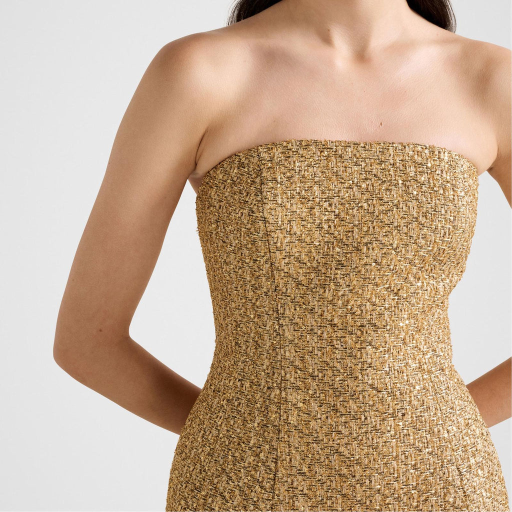Gold Boucle Tweed Off The Shoulder Mini Dress | Forever New