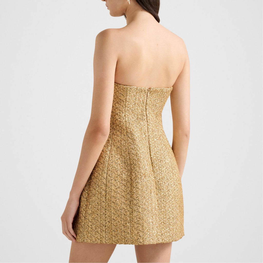 Gold Boucle Tweed Off The Shoulder Mini Dress | Forever New