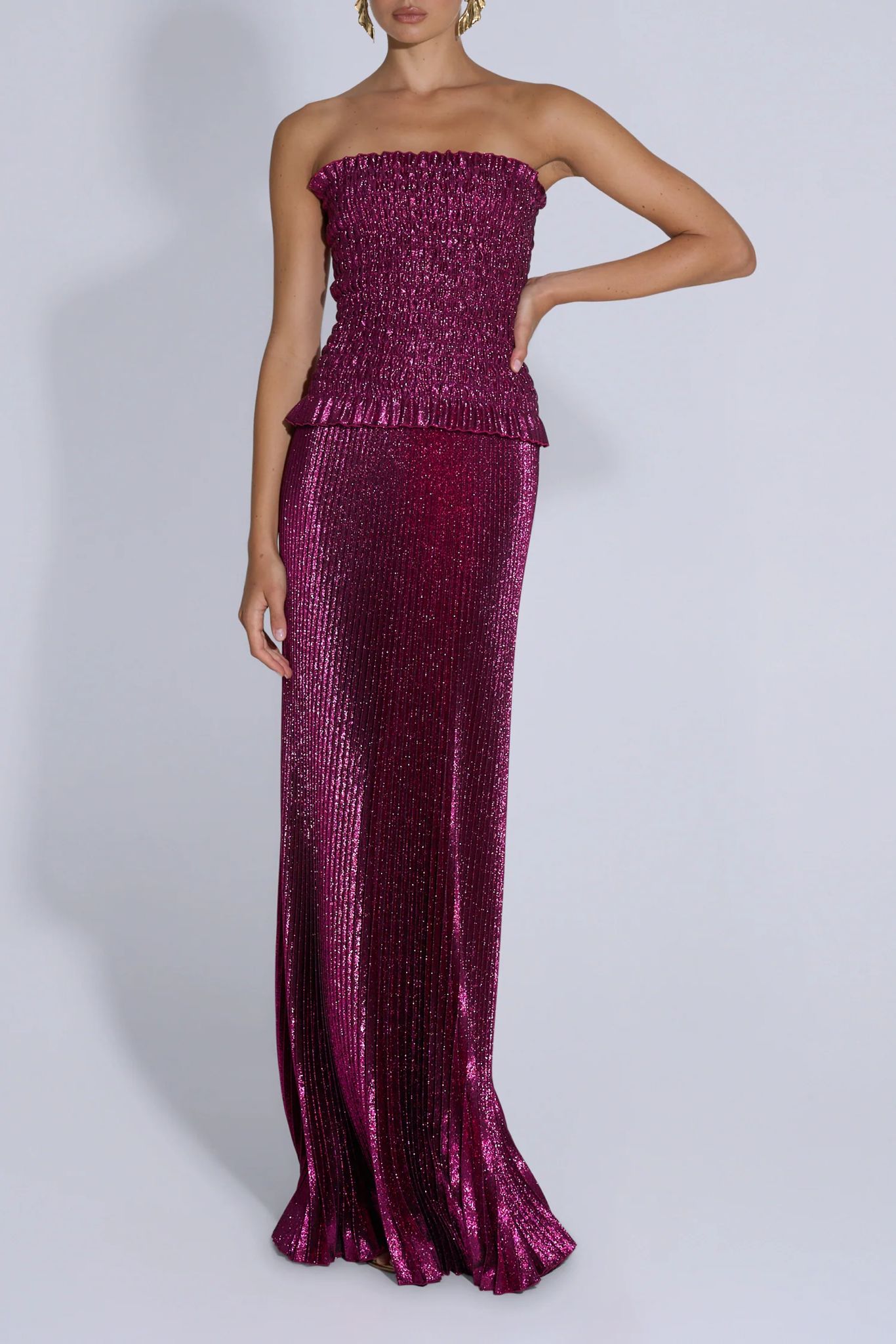 Maya Shirred Gown | Sangria Glitter | L'IDÉE