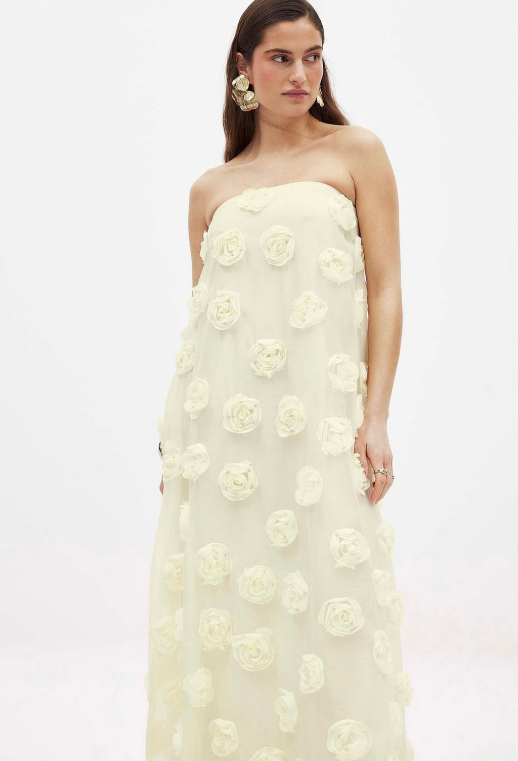 Flower Appliqué Bandeau Maxi Dress | Butter Yellow | NA-KD