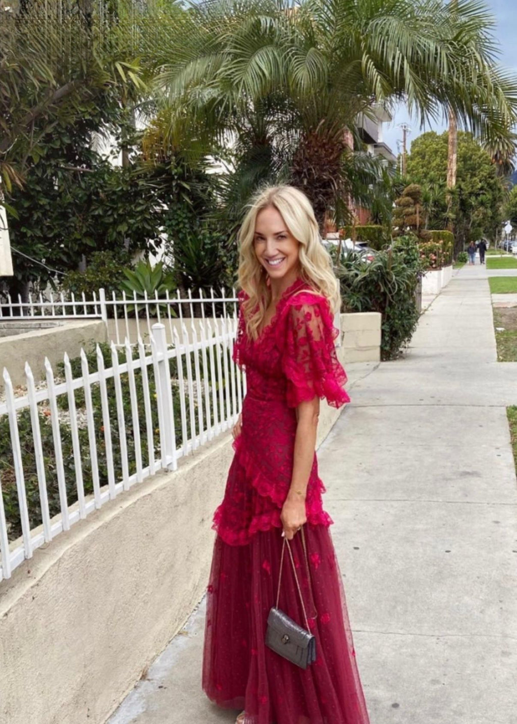Embroidered V-Neck Gown | Raspberry Red | Needle & Thread