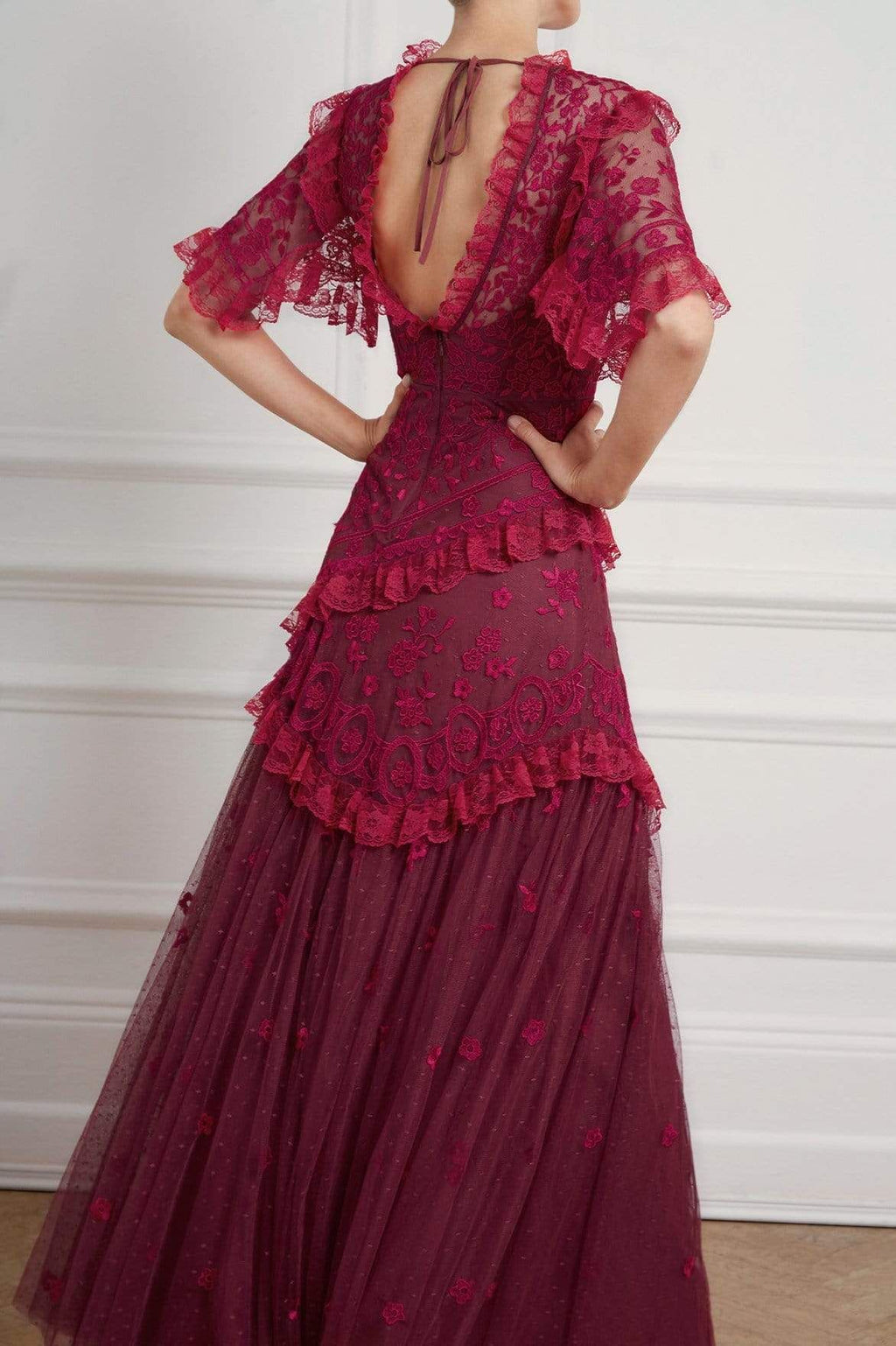 Embroidered V-Neck Gown | Raspberry Red | Needle & Thread