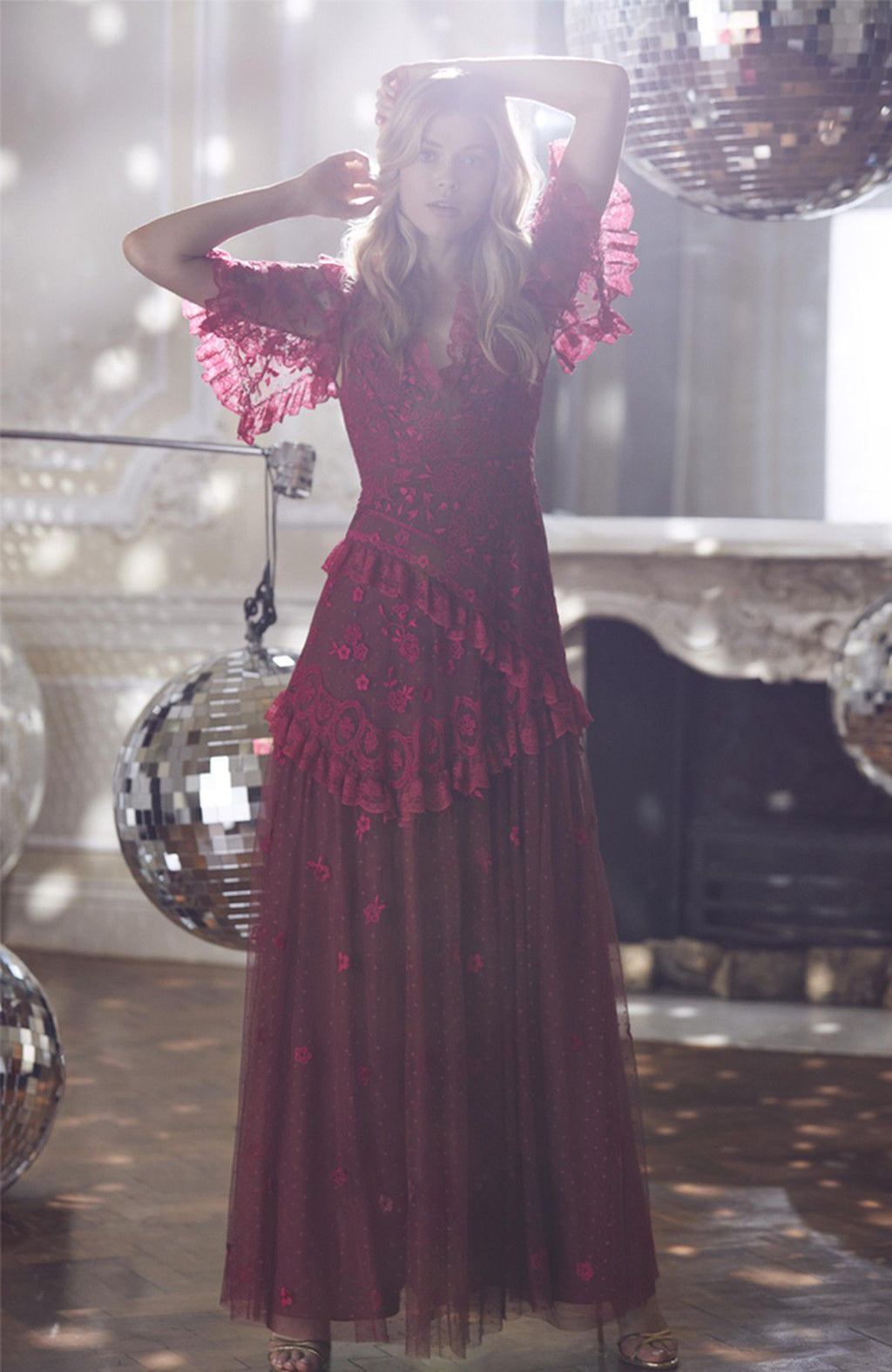 Embroidered V-Neck Gown | Raspberry Red | Needle & Thread