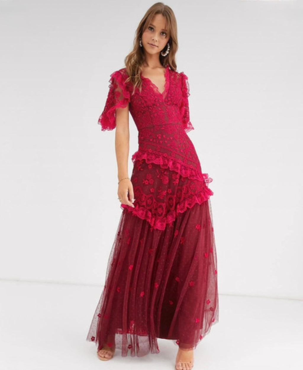 Embroidered V-Neck Gown | Raspberry Red | Needle & Thread