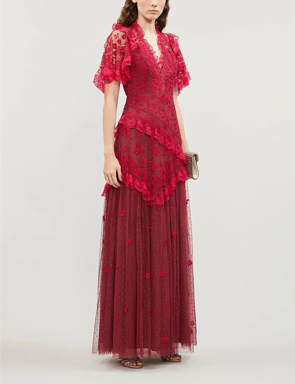 Embroidered V-Neck Gown | Raspberry Red | Needle & Thread