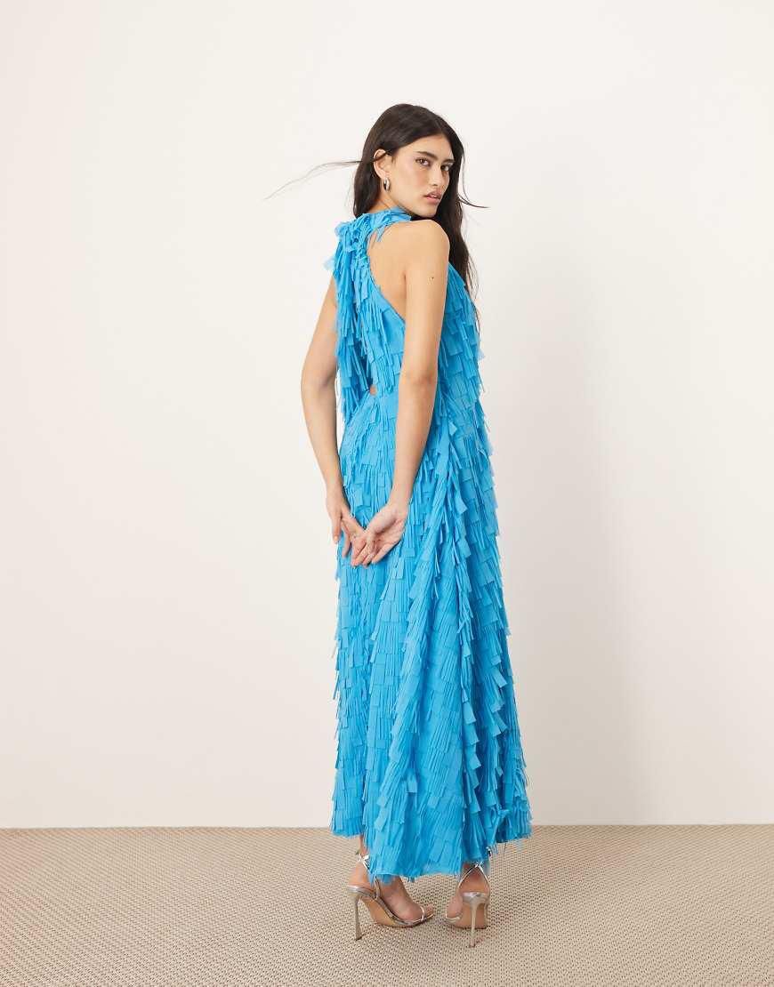 Blue Textured Fringe Halter Neck Maxi Dress | Arrange