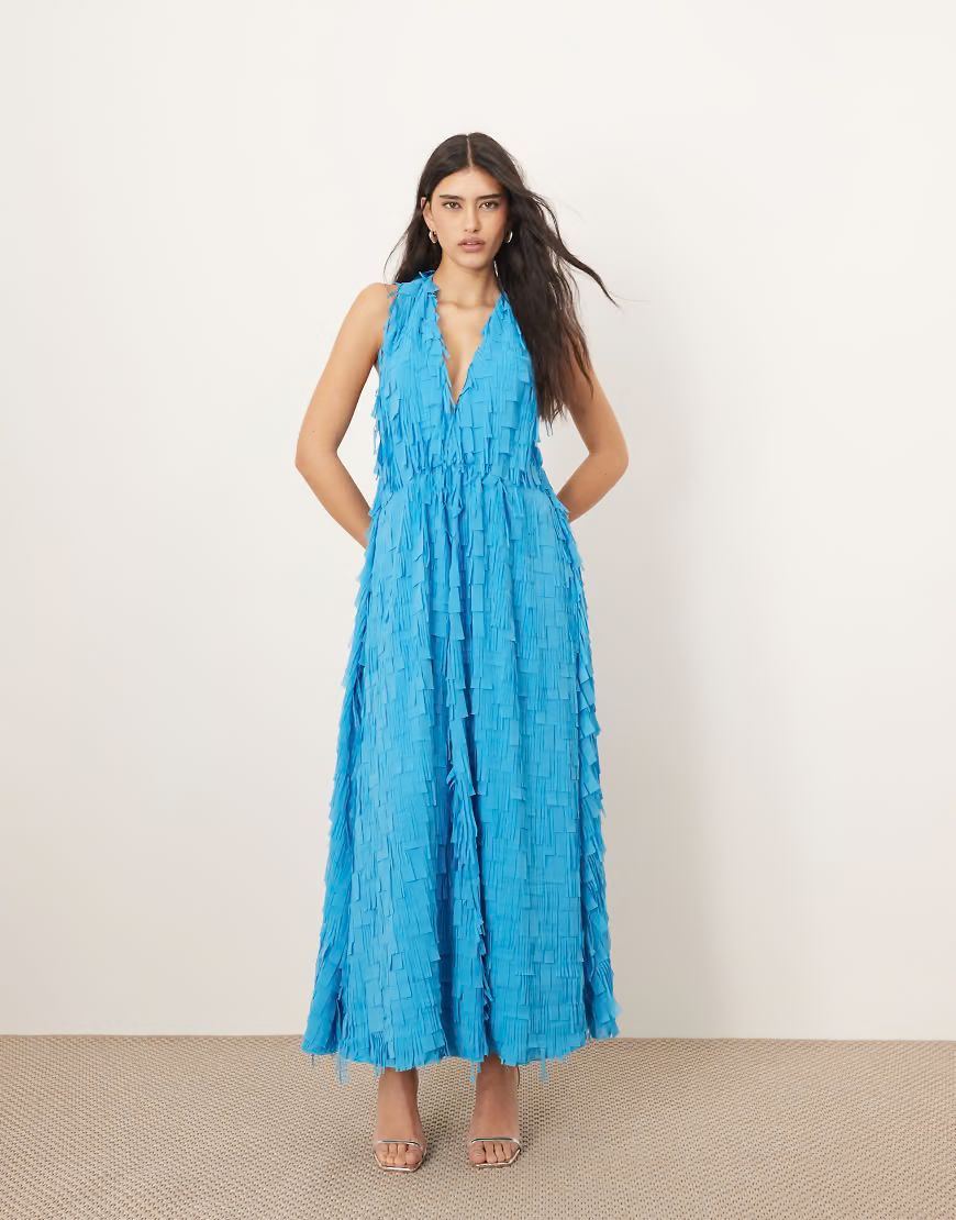 Blue Textured Fringe Halter Neck Maxi Dress | Arrange