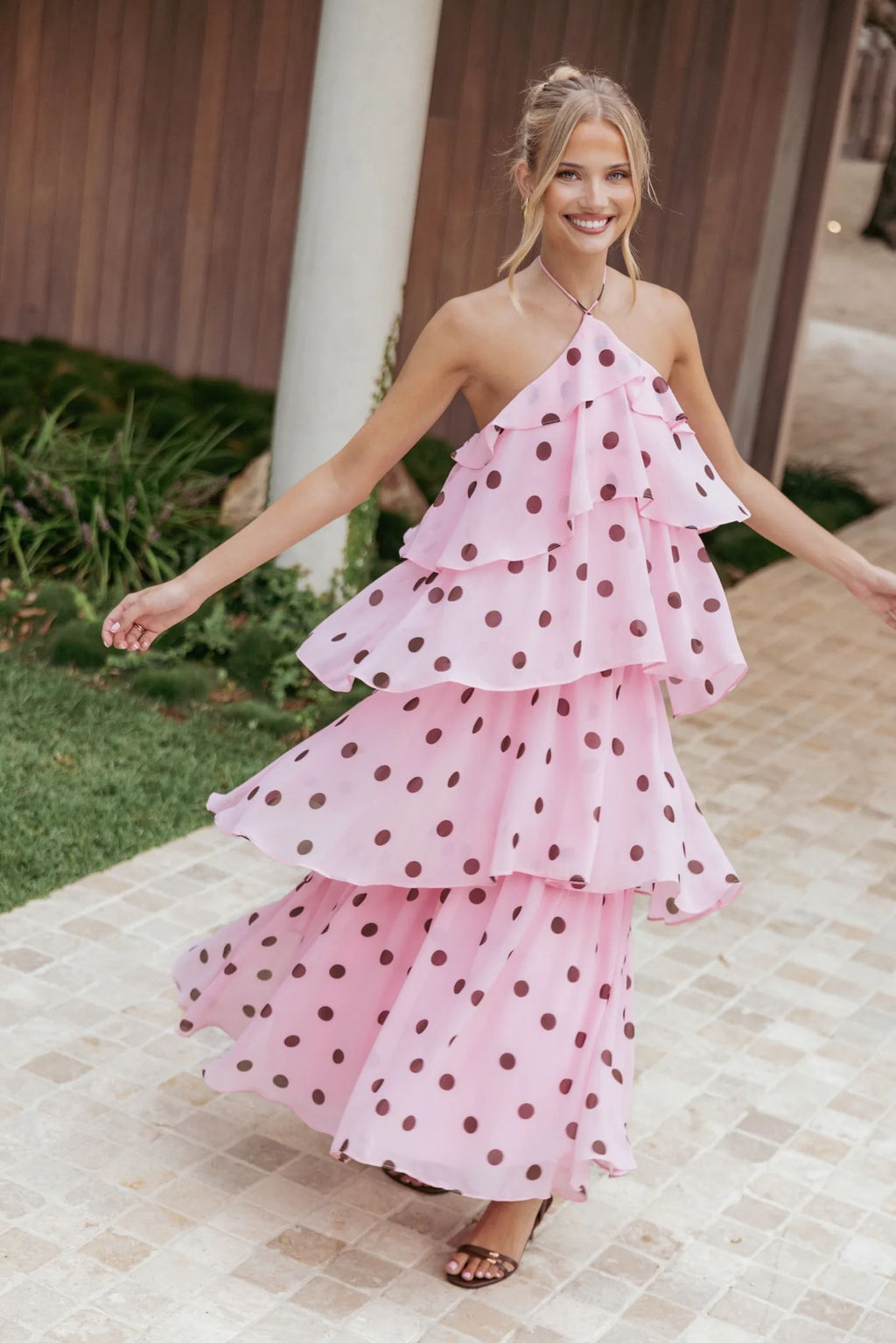 Chasity Halterneck Maxi Dress | Petals & Pup | Baby Pink & Brown Polka Dot