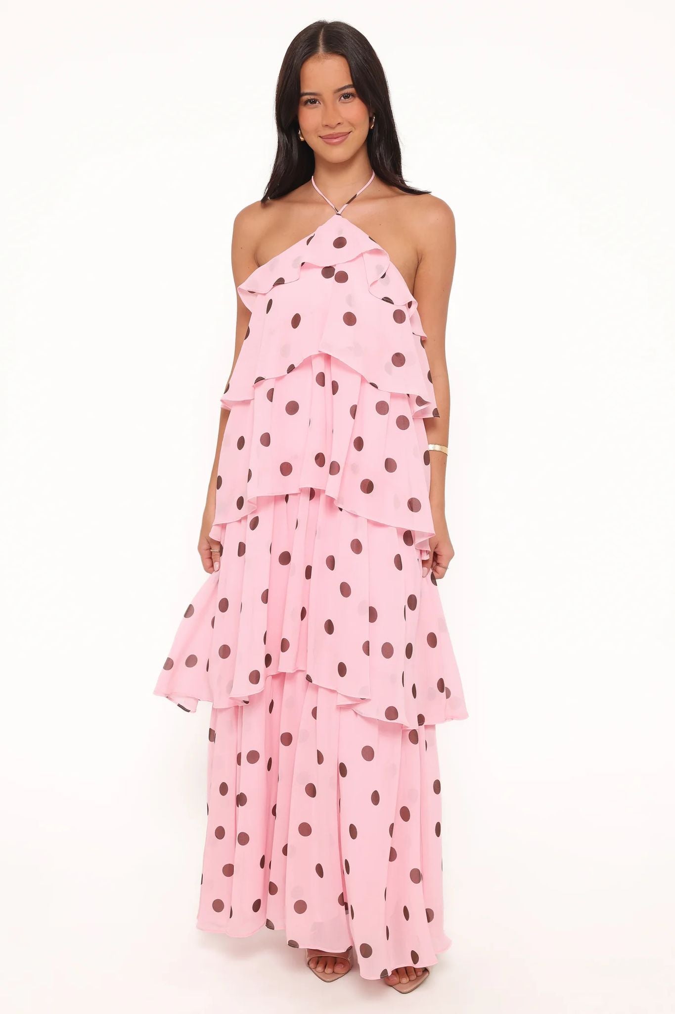 Chasity Halterneck Maxi Dress | Petals & Pup | Baby Pink & Brown Polka Dot