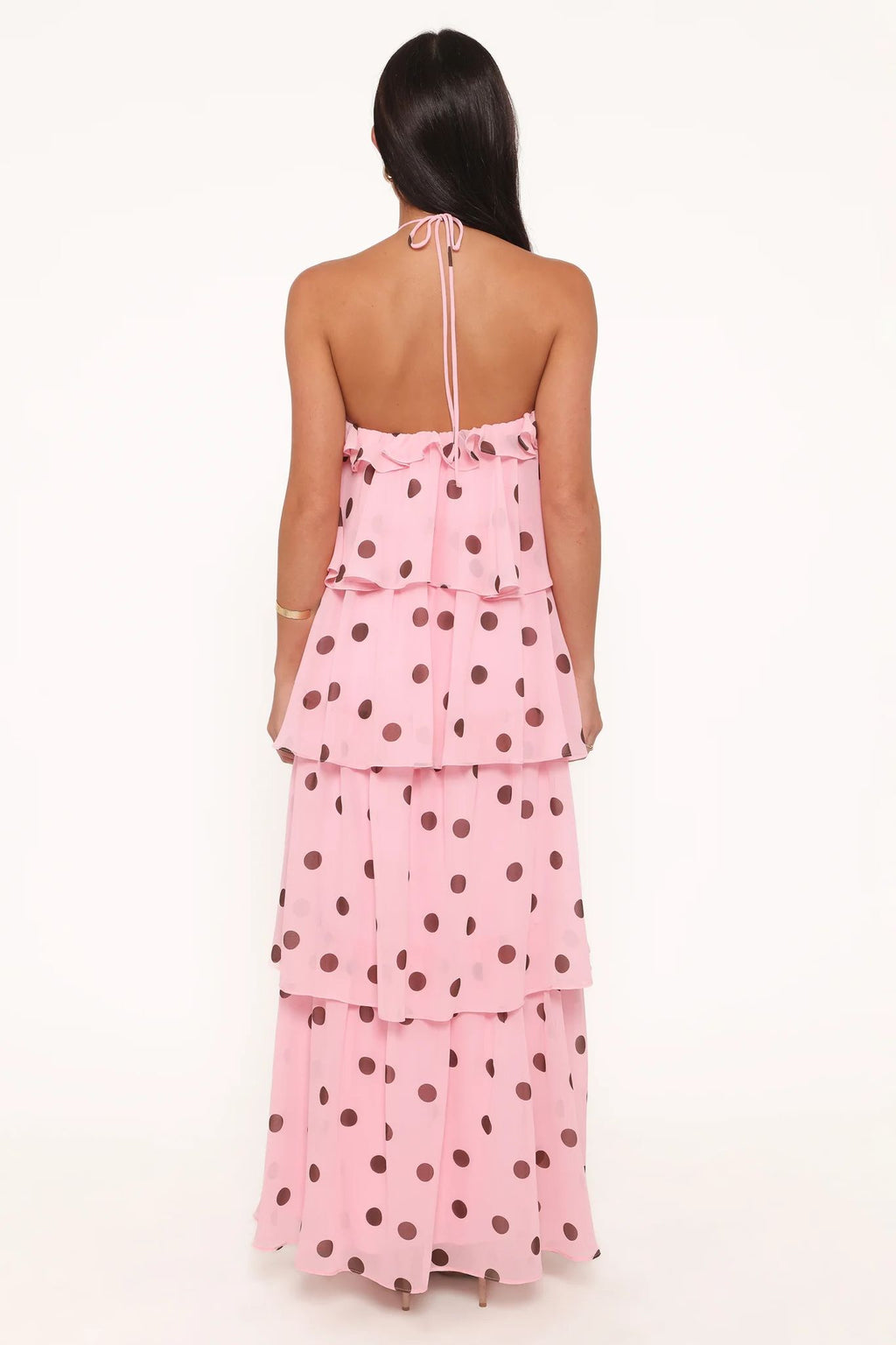 Chasity Halterneck Maxi Dress | Petals & Pup | Baby Pink & Brown Polka Dot