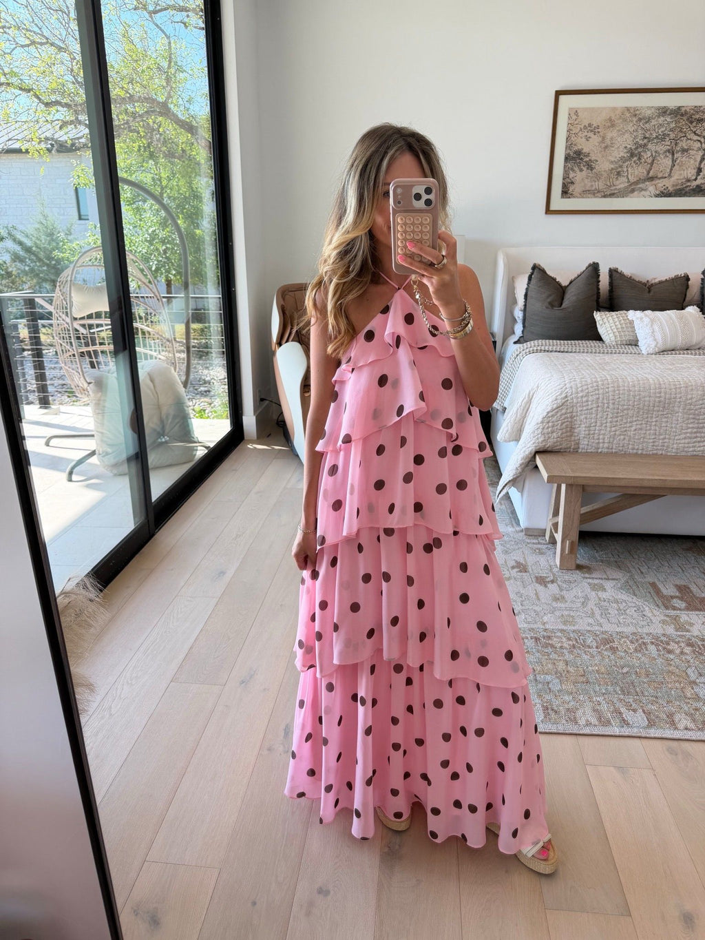 Chasity Halterneck Maxi Dress | Petals & Pup | Baby Pink & Brown Polka Dot