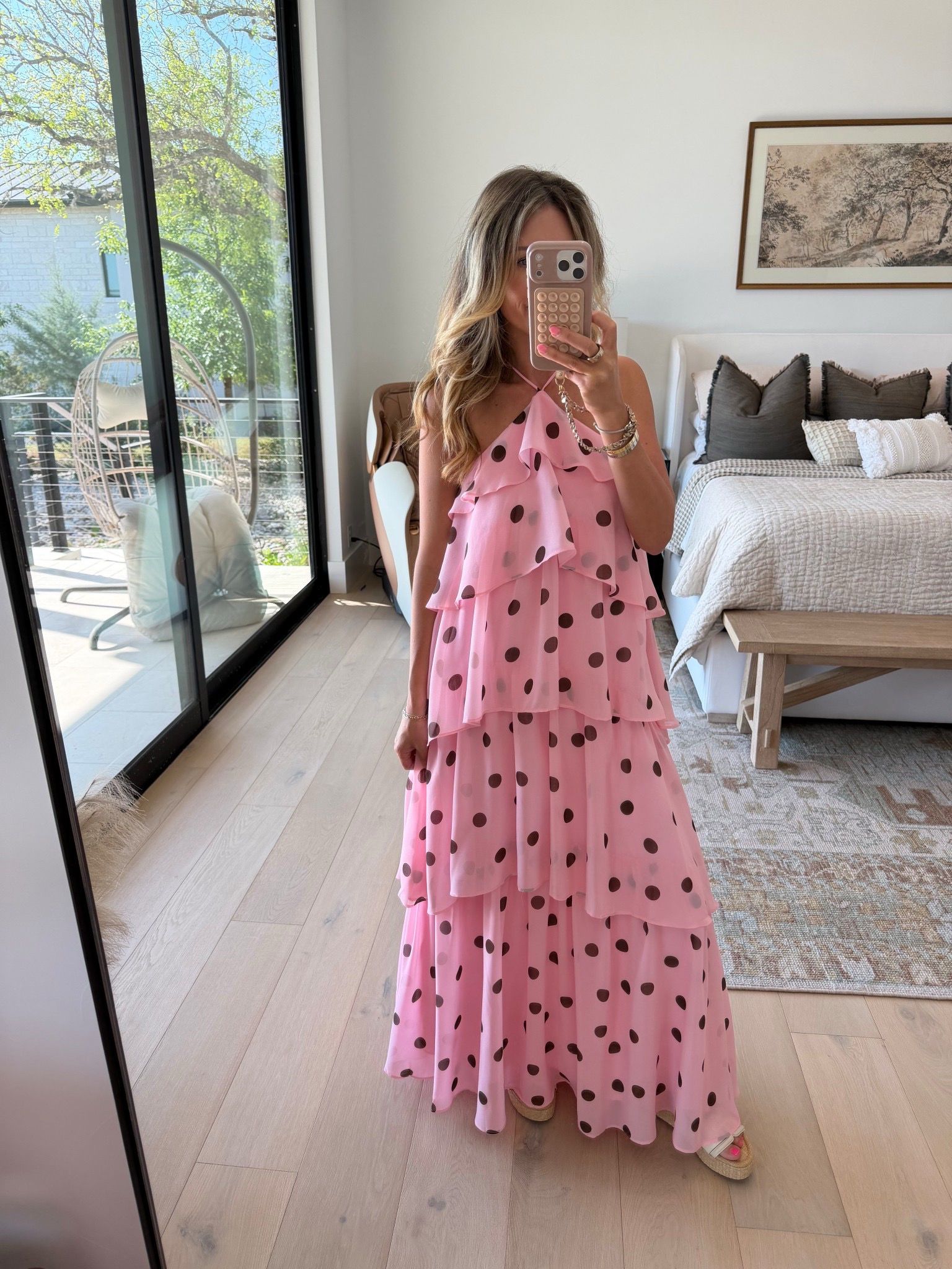 Chasity Halterneck Maxi Dress | Petals & Pup | Baby Pink & Brown Polka Dot