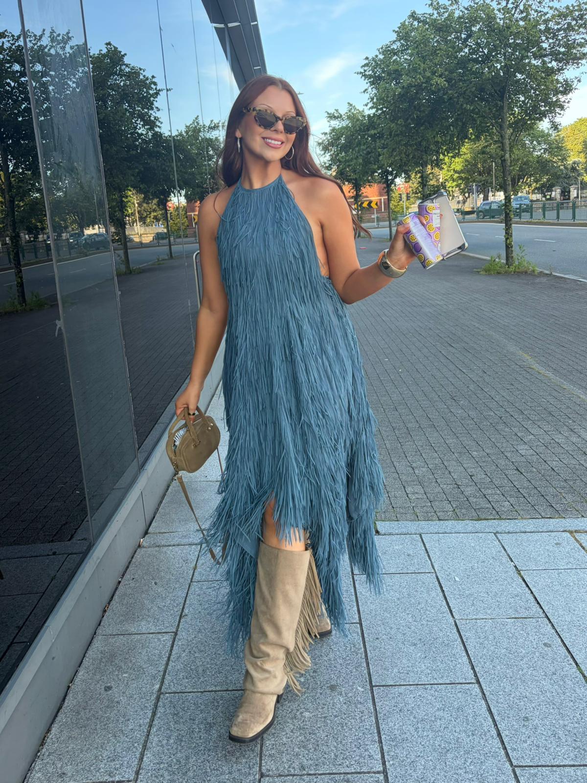 Blue Fringe Backless Halter Dress | Zara