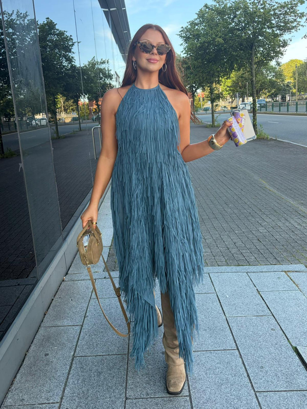 Blue Fringe Backless Halter Dress | Zara