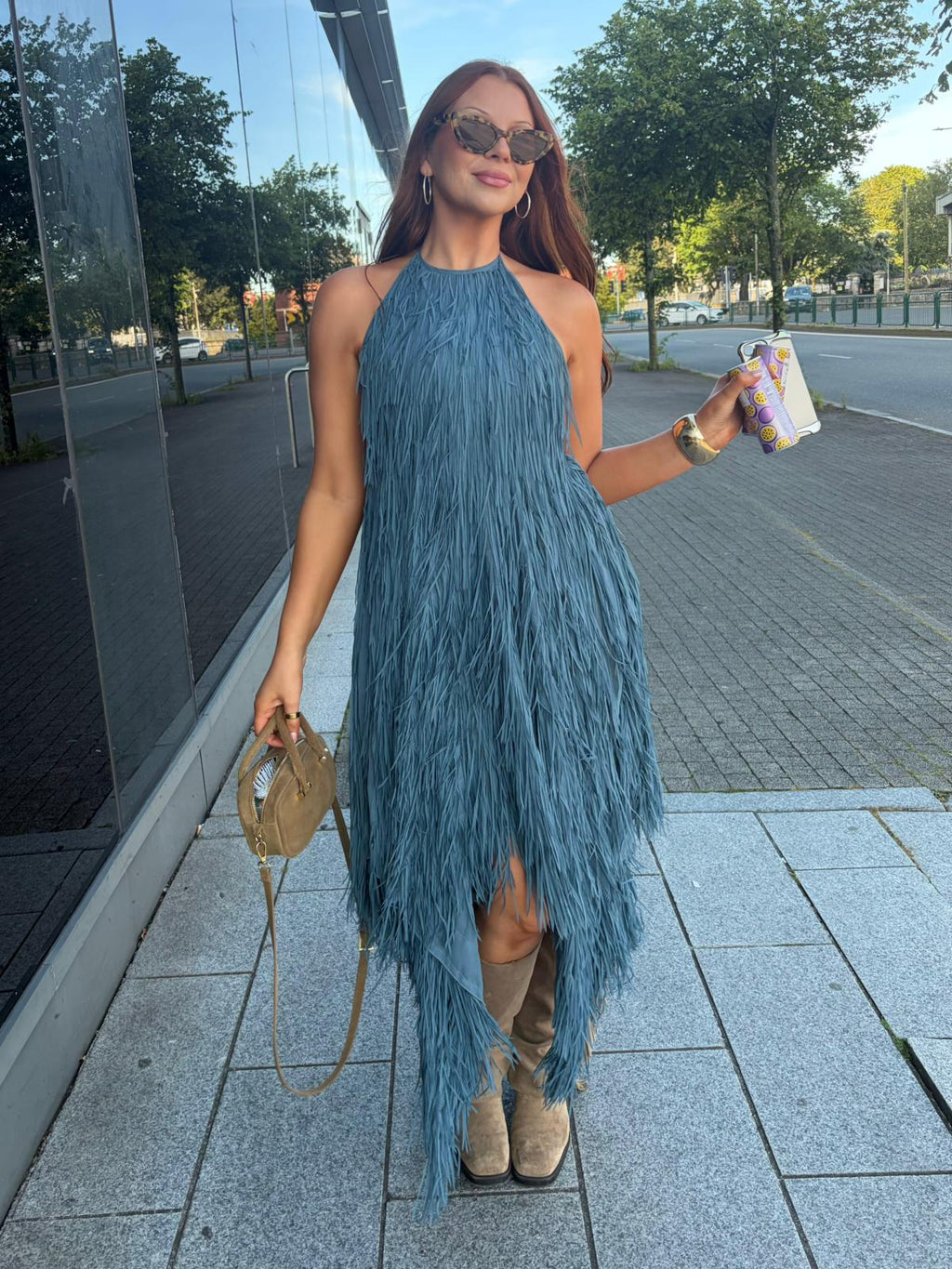 Blue Fringe Backless Halter Dress | Zara