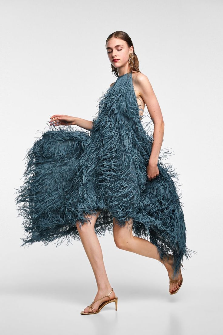 Blue Fringe Backless Halter Dress | Zara