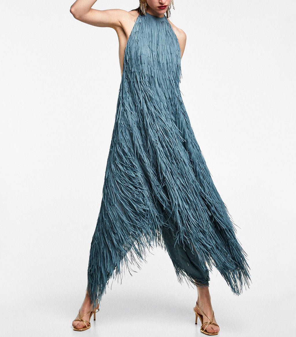 Blue Fringe Backless Halter Dress | Zara