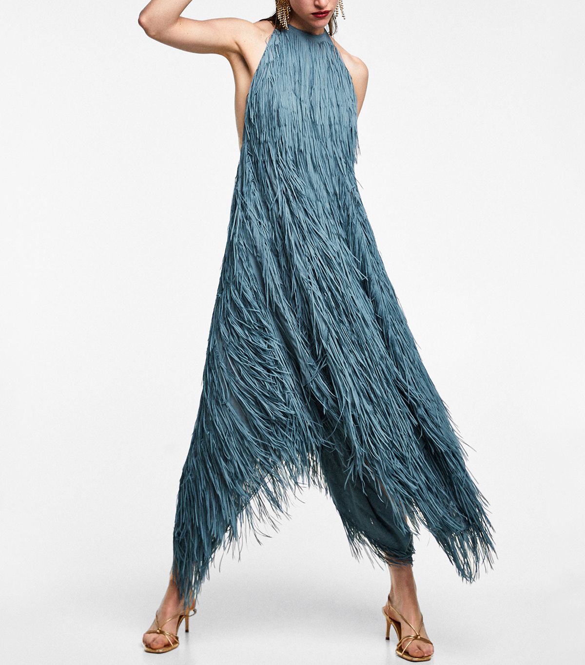 Blue Fringe Backless Halter Dress | Zara