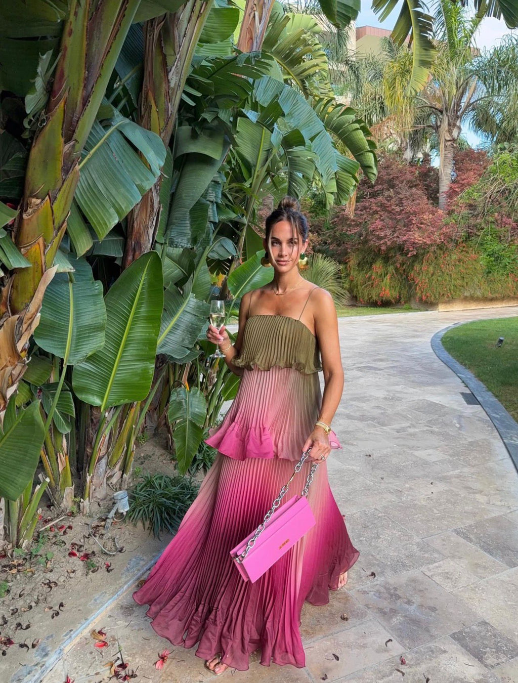 Pleated Slub Organdie Peplum Woven Maxi Dress Ombre Green & Pink | Karen Millen