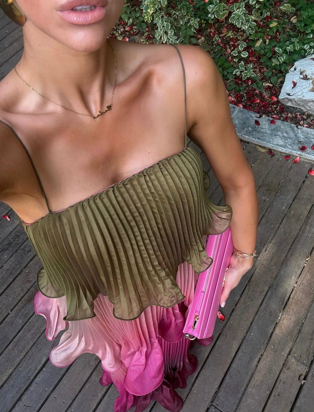 Pleated Slub Organdie Peplum Woven Maxi Dress Ombre Green & Pink | Karen Millen