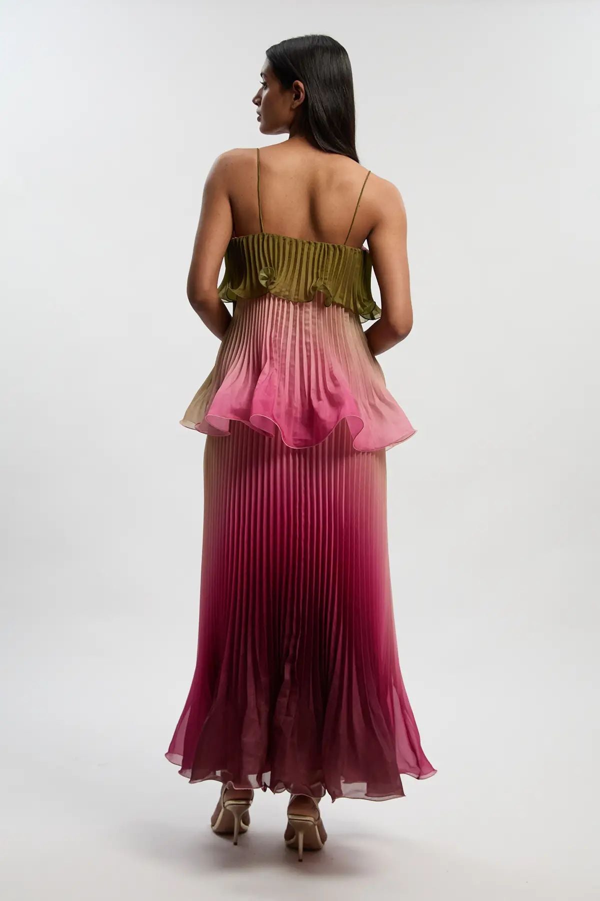 Pleated Slub Organdie Peplum Woven Maxi Dress Ombre Green & Pink | Karen Millen