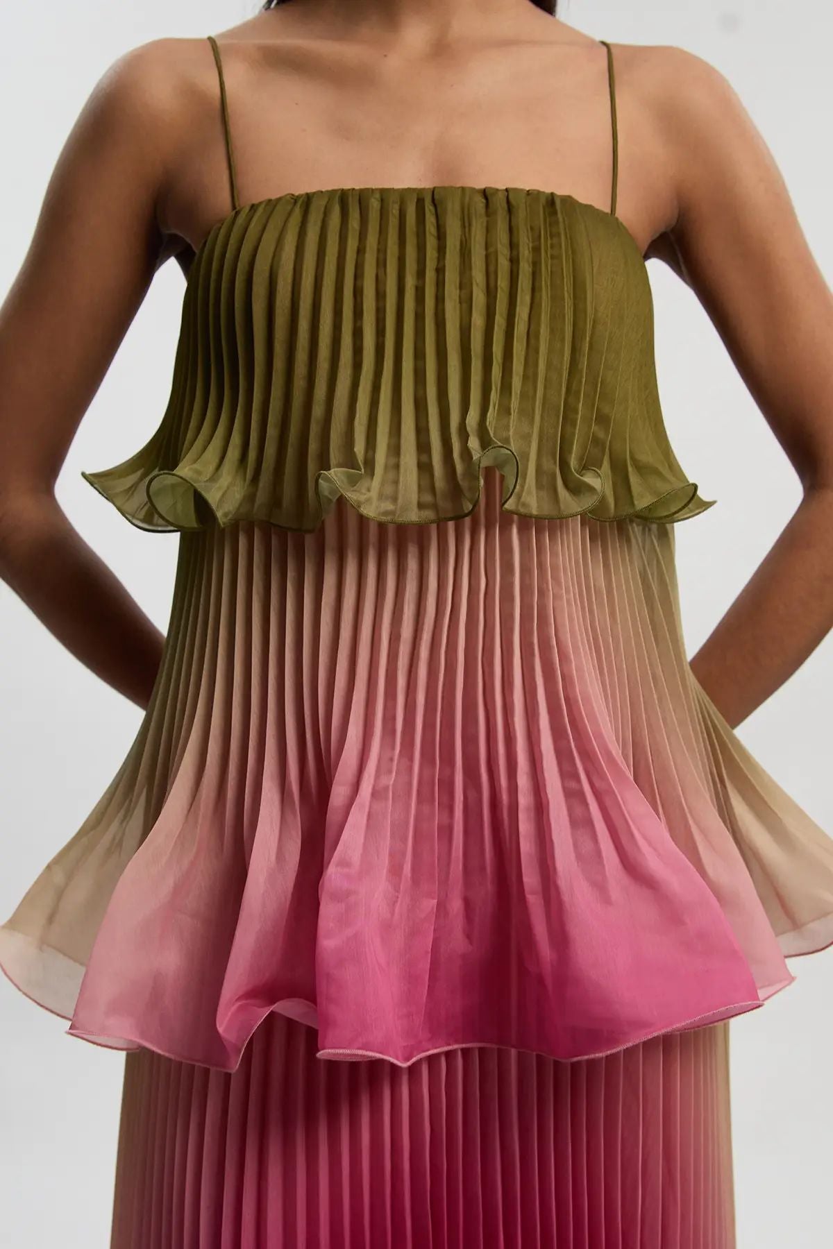 Pleated Slub Organdie Peplum Woven Maxi Dress Ombre Green & Pink | Karen Millen