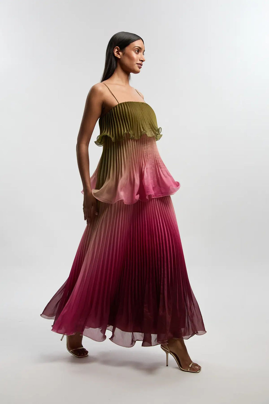 Pleated Slub Organdie Peplum Woven Maxi Dress Ombre Green & Pink | Karen Millen