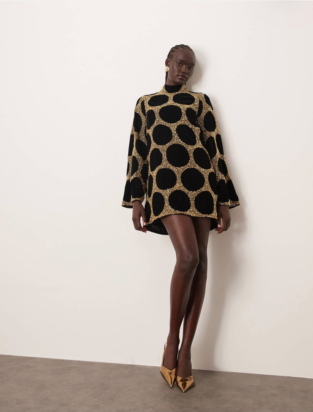 Arrange Embellished Spot Long Sleeve Mini Dress In Gold | Asos