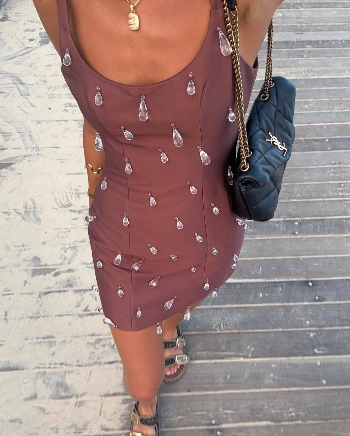 Luvia Beaded Mini Dress in Brown | The Wolf Gang