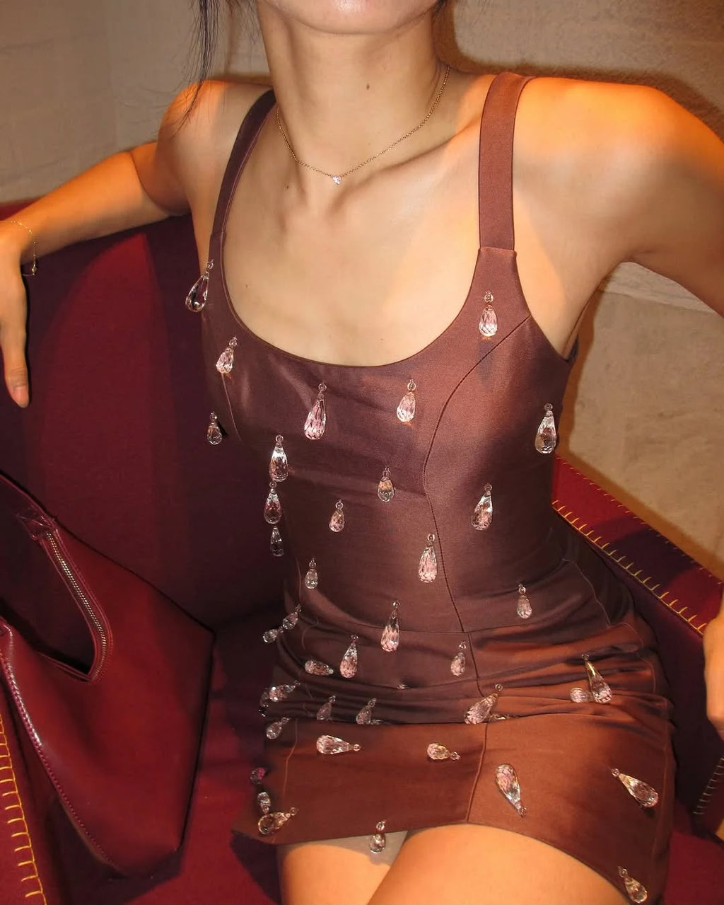 Luvia Beaded Mini Dress in Brown | The Wolf Gang