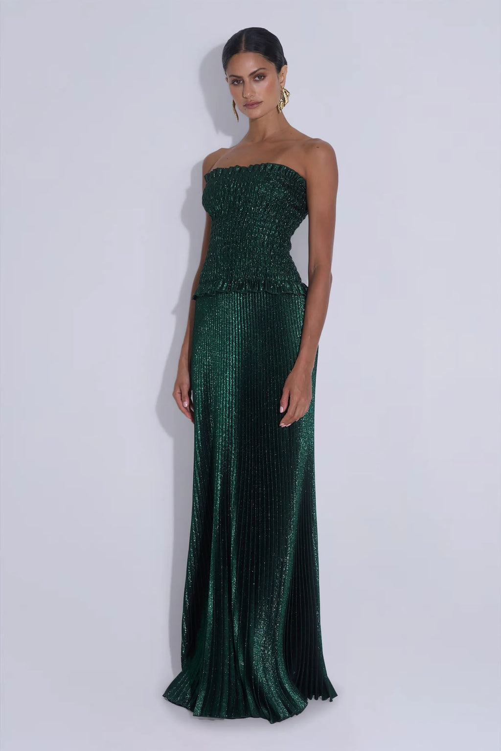 Maya Shirred Gown | Green Gotham Glitter | L'IDÉE