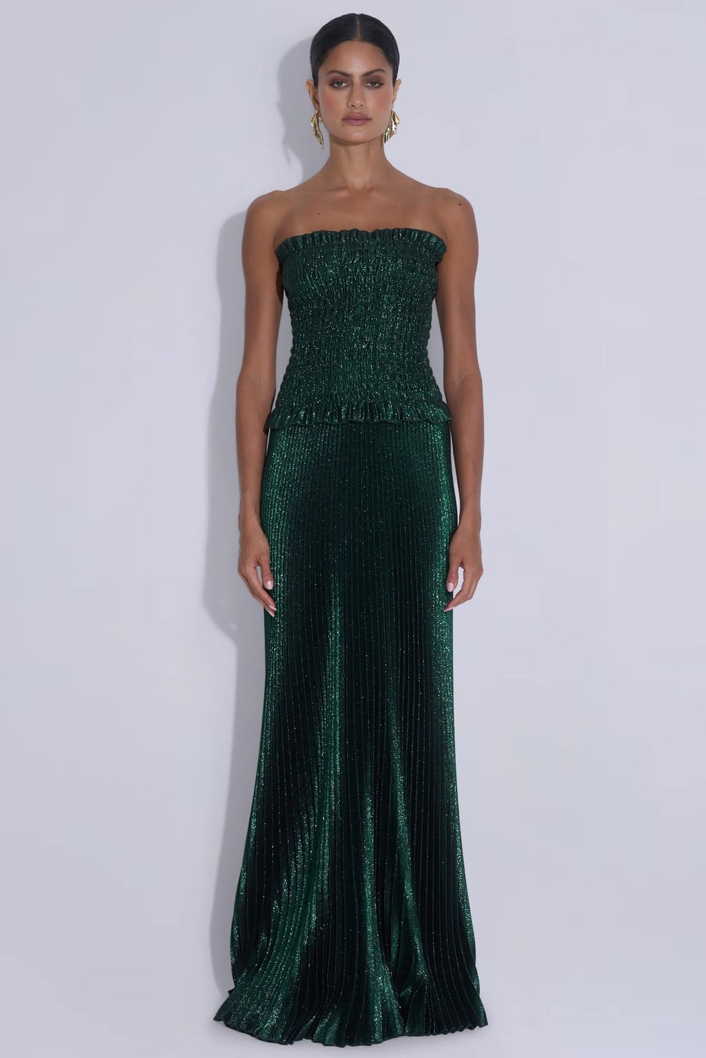 Maya Shirred Gown | Green Gotham Glitter | L'IDÉE