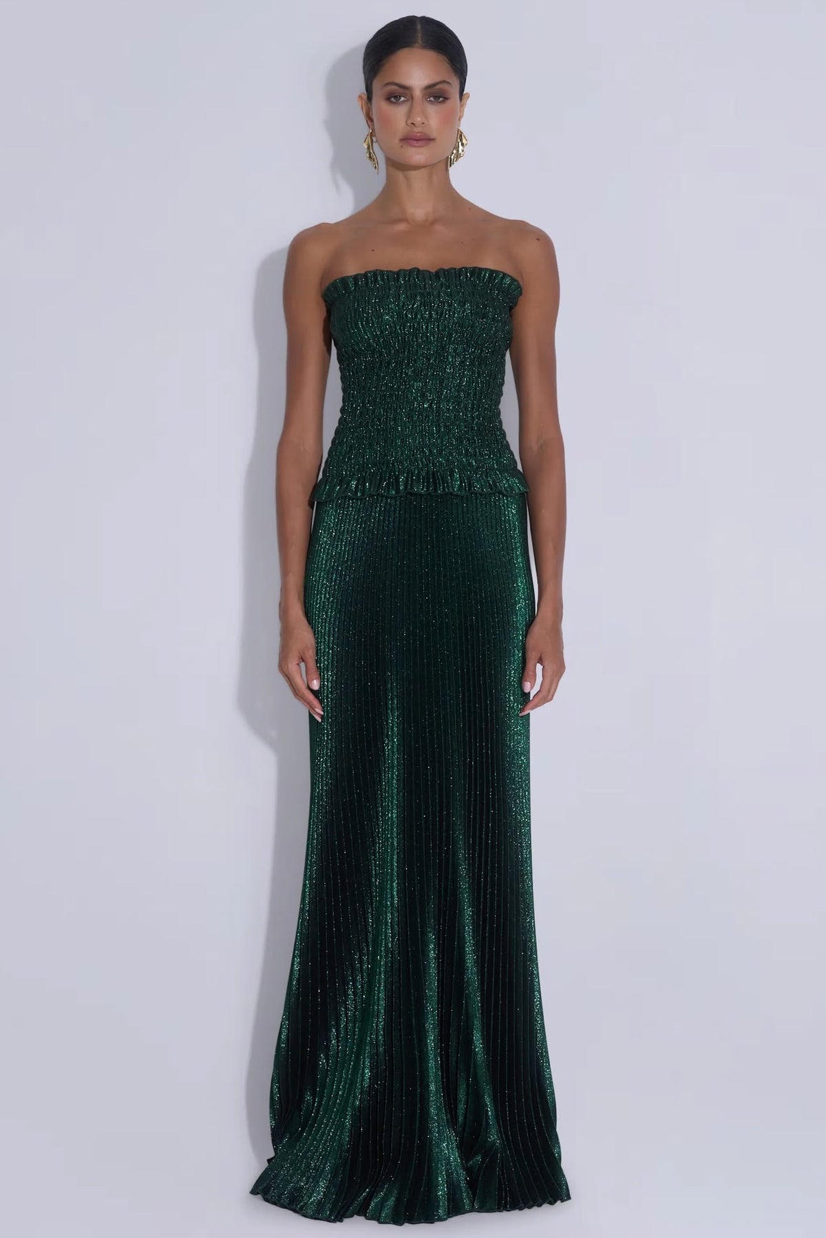 Maya Shirred Gown | Green Gotham Glitter | L'IDÉE