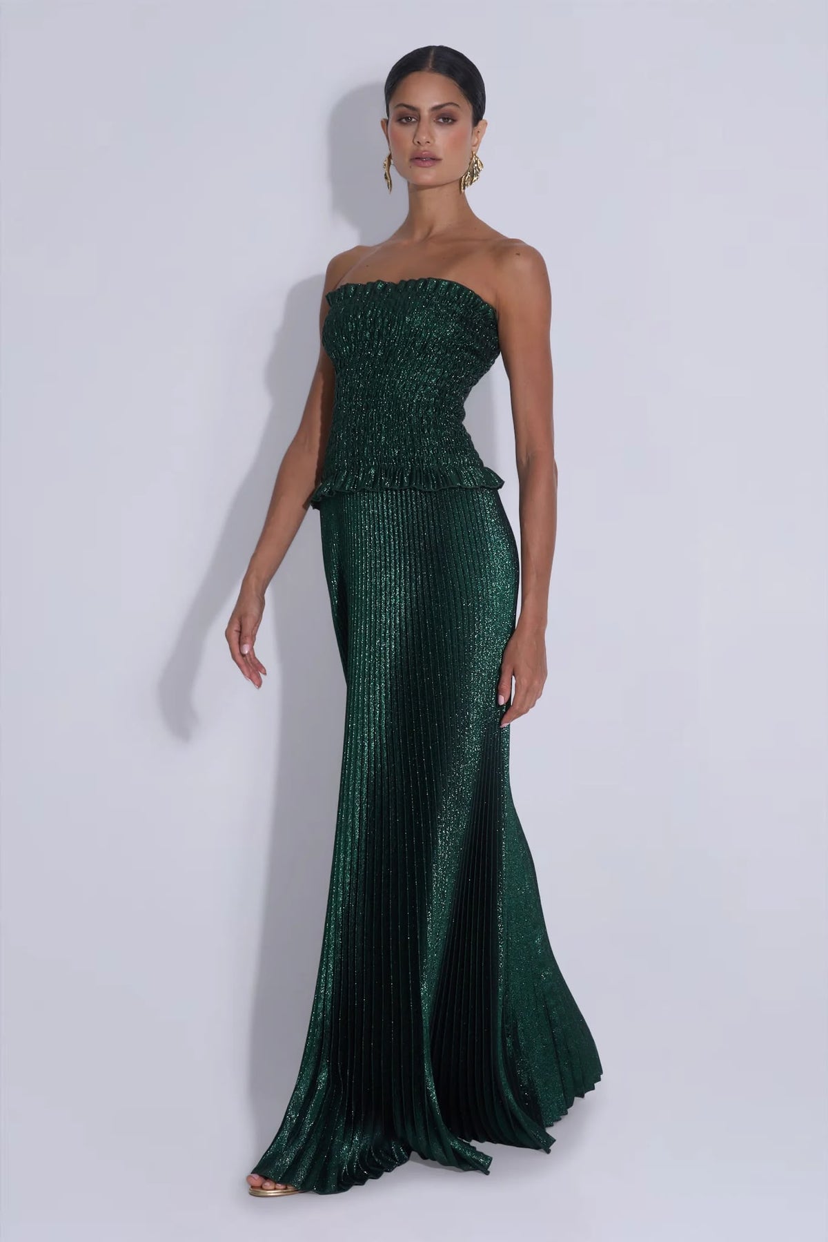 Maya Shirred Gown | Green Gotham Glitter | L'IDÉE
