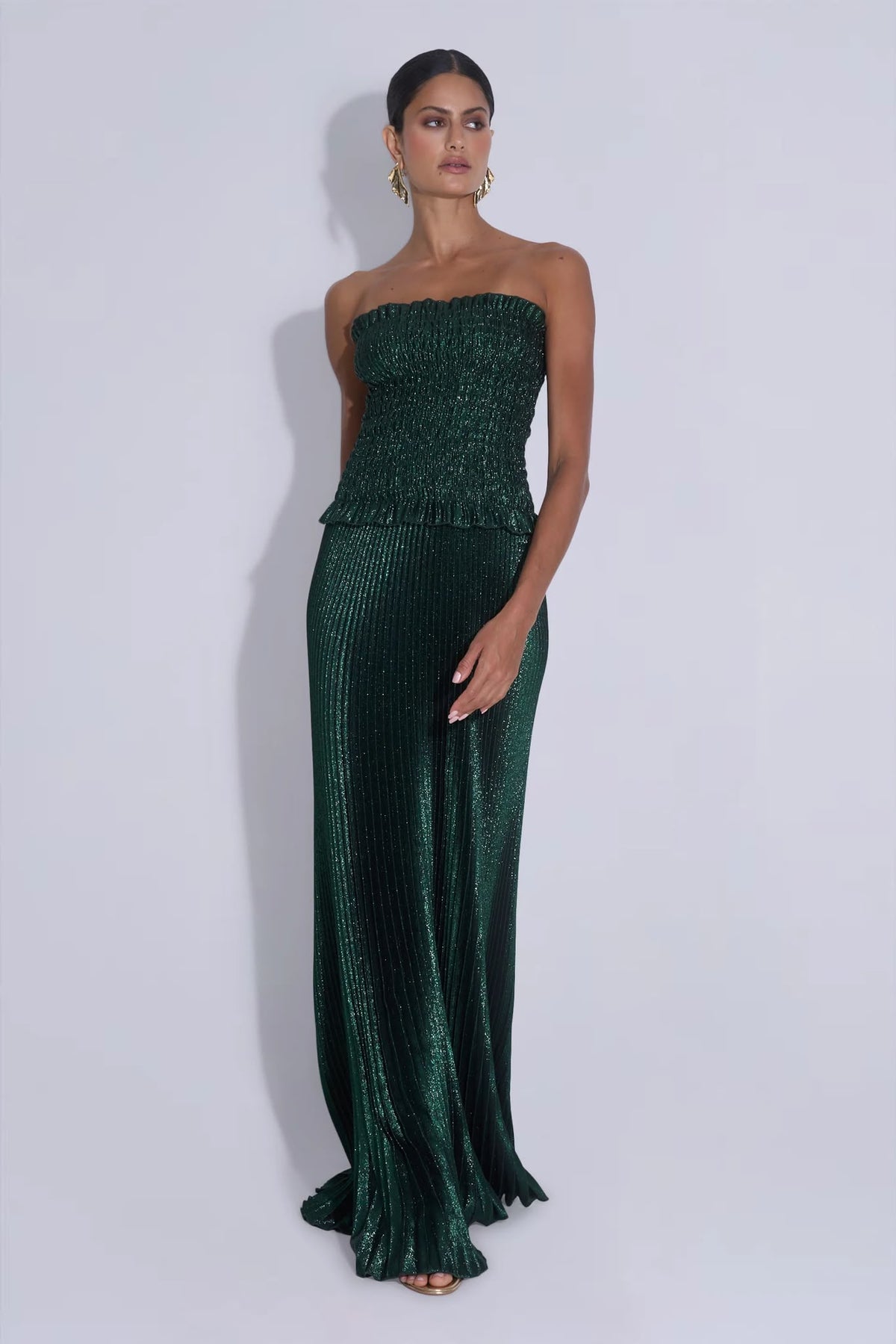 Maya Shirred Gown | Green Gotham Glitter | L'IDÉE