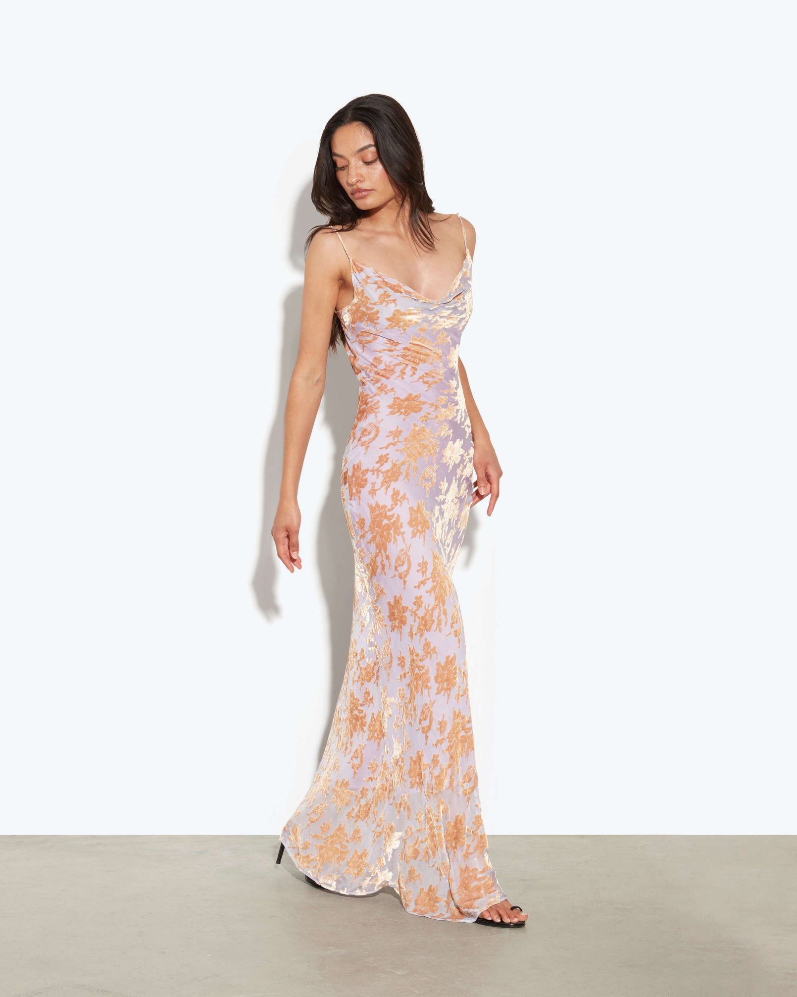 Silk Devore Floral Cowl Neck Dress Anthena Dress In Lilac | Rat & Boa