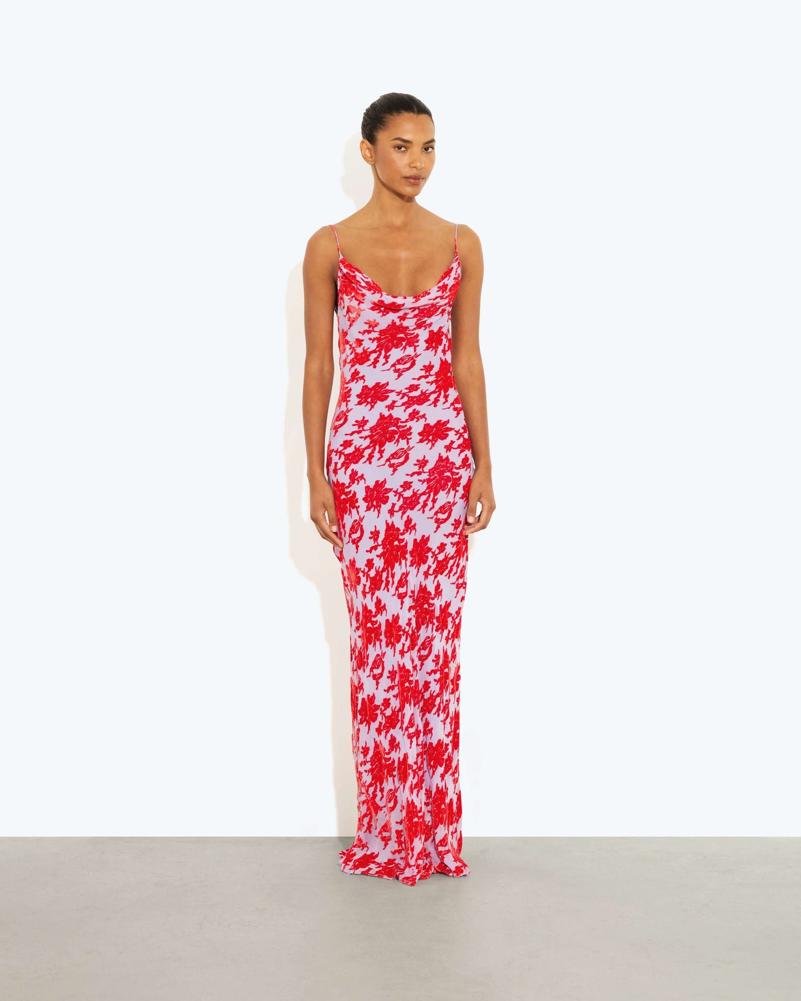 Silk Devore Floral Cowl Neck Athena Dress in Red | Rat & Boa