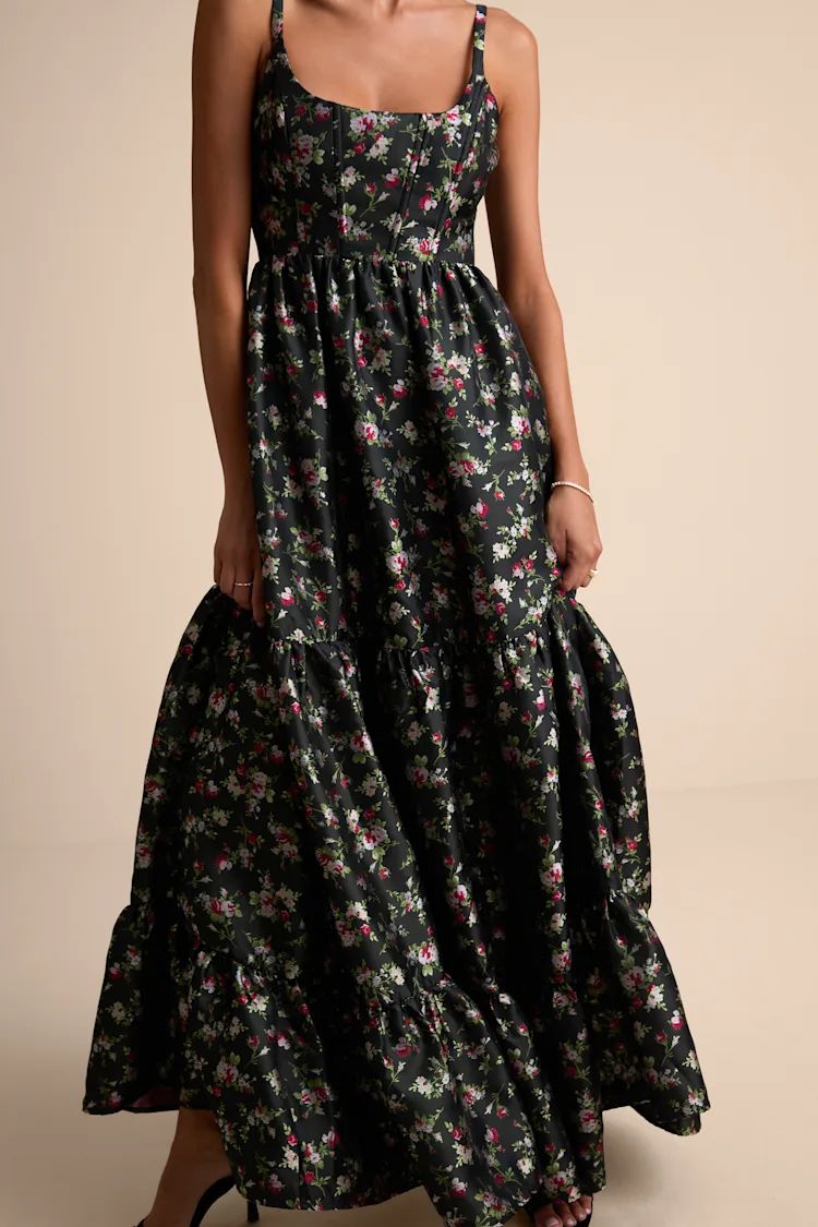 Corset Tier Floral Black Dress | Lulus