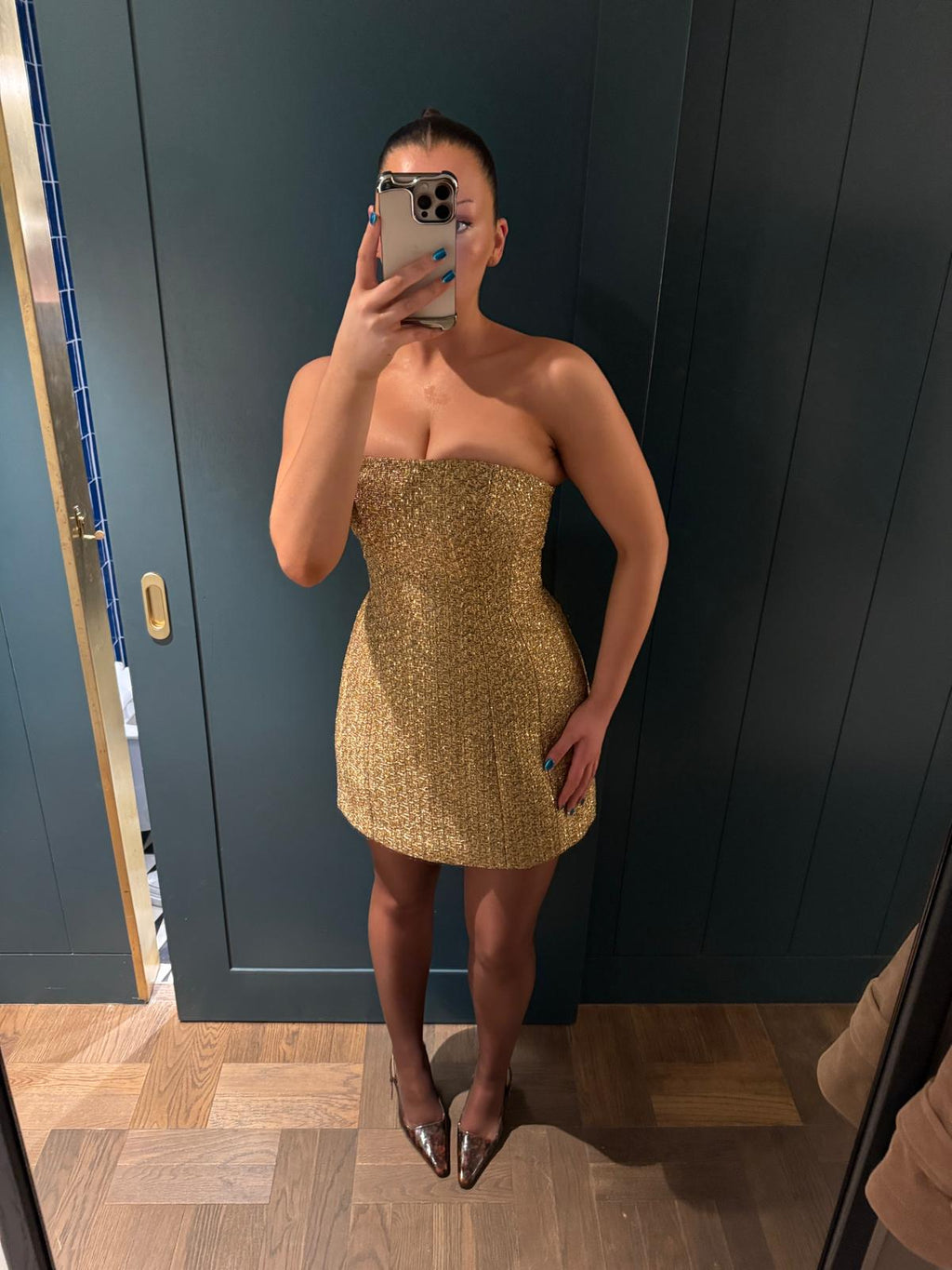 Gold Boucle Tweed Off The Shoulder Mini Dress | Forever New
