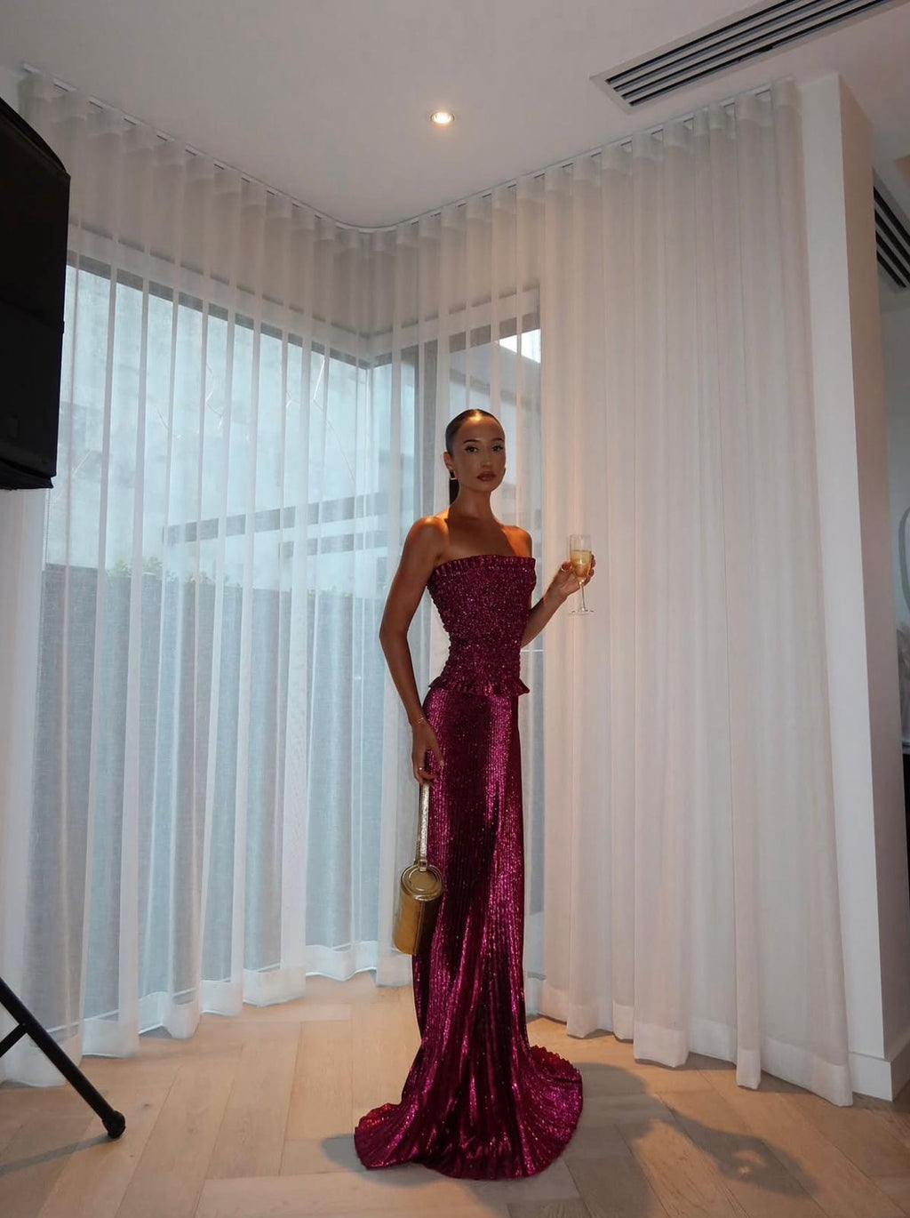 Maya Shirred Gown | Sangria Glitter | L'IDÉE