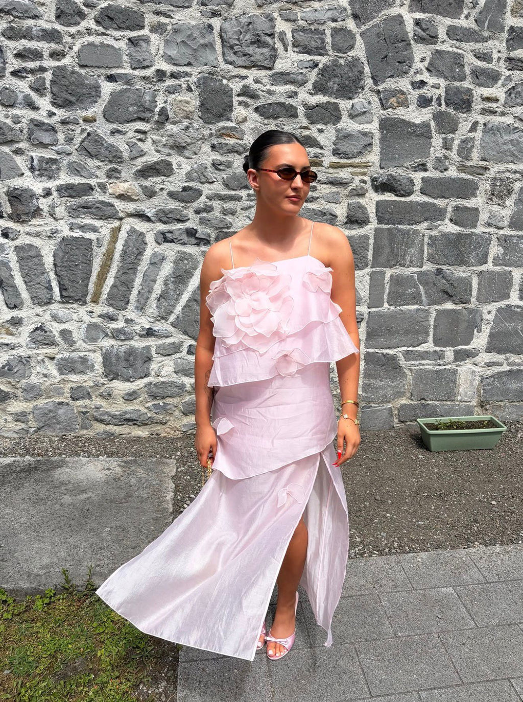 Baby Pink Floral Appliqué Chiffon Layered Dress | & Other Stories
