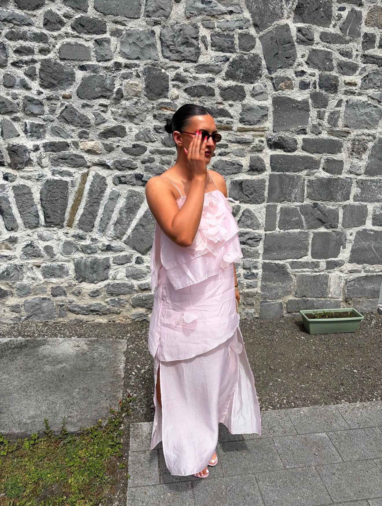 Baby Pink Floral Appliqué Chiffon Layered Dress | & Other Stories
